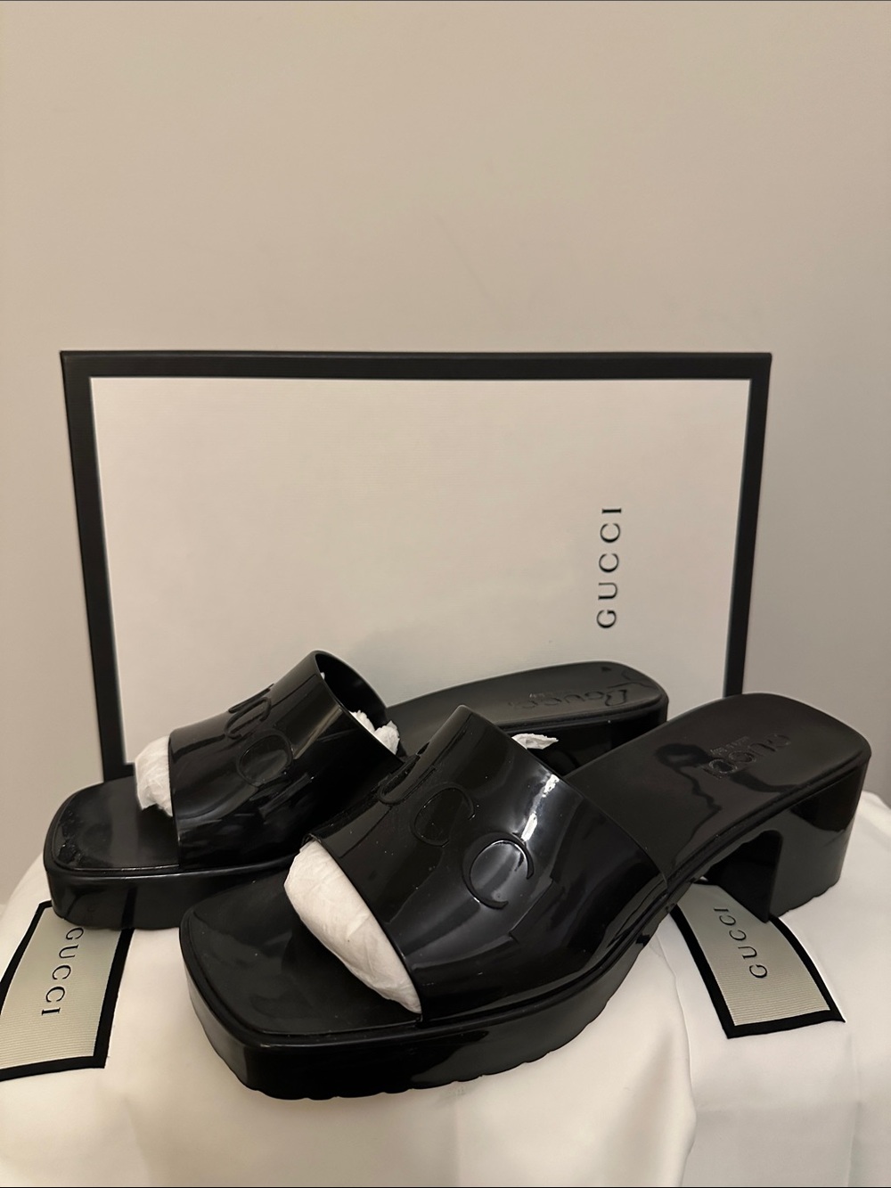 Gucci Black Patent Platform Mule Sandals